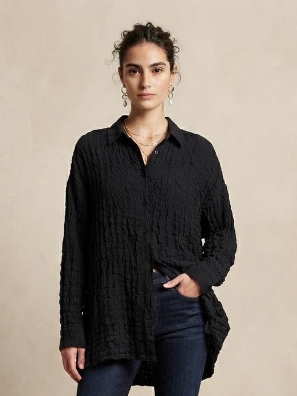 TOPSHOP Crinkle Button-Front Blouse 8 23” p2p Black $55 Retail EUC
